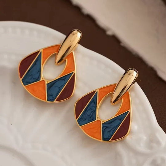 Gold-Plated Enamel Mosaic Drop Earrings
