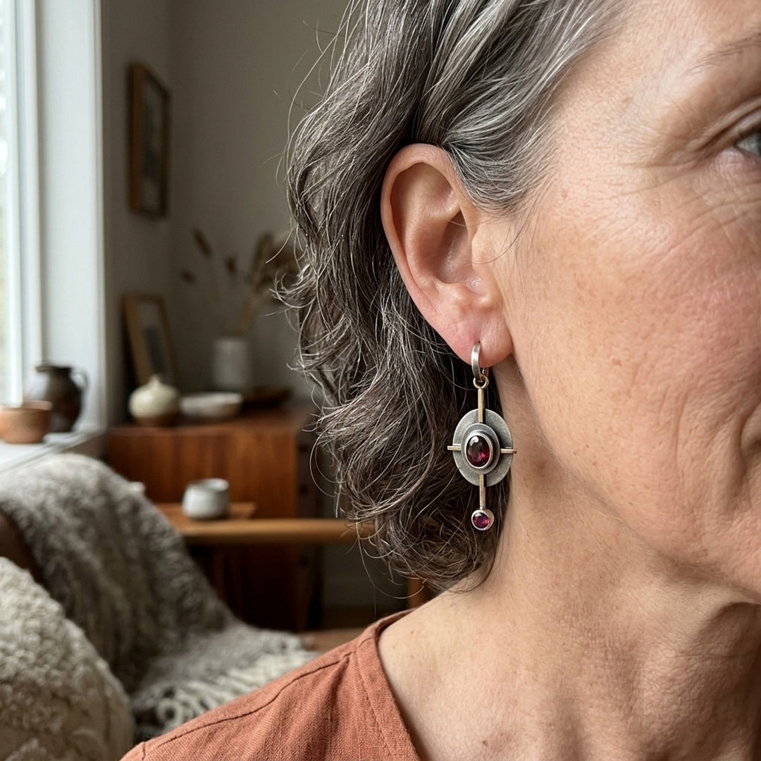 Sterling Silver Drop Earrings with Garnet Stones