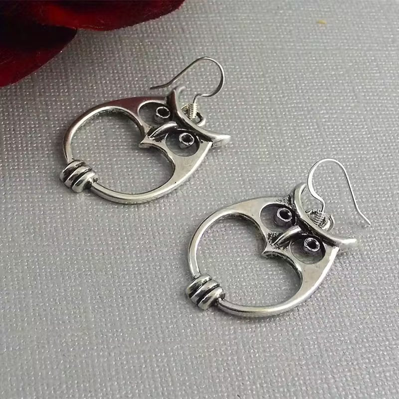 Silver-Toned Owl Design Hook Earrings
