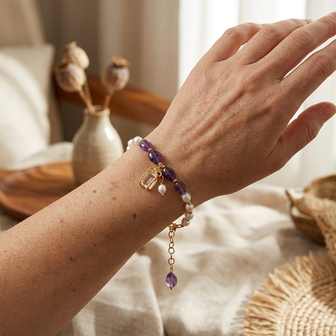 Gold-Plated Amethyst Pearl Charm Bracelet