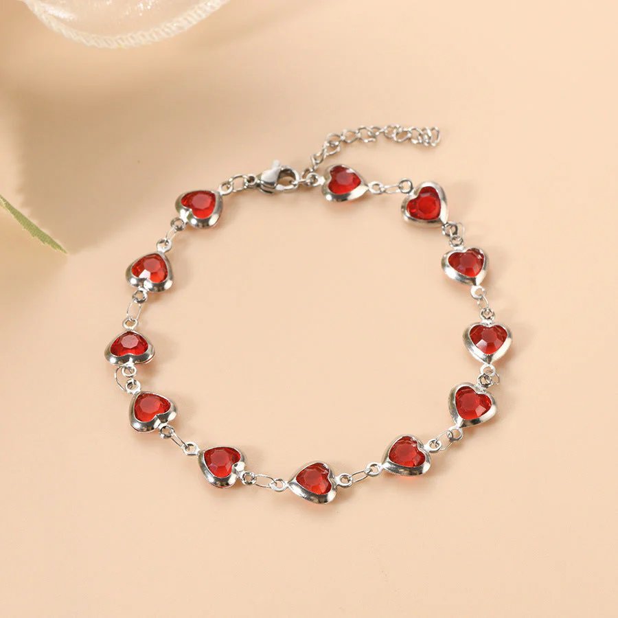 Sterling Silver Heart-Shaped Gemstone Chain Bracelet