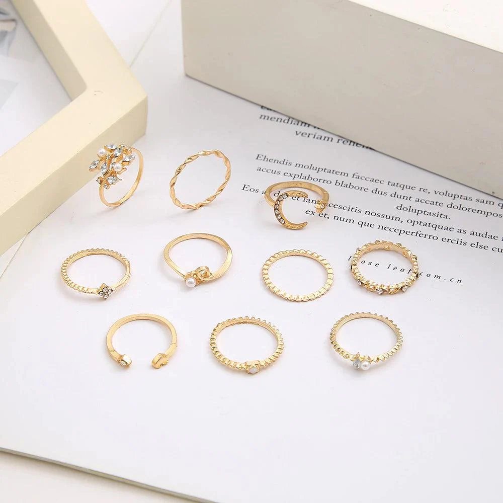 Gold-Plated Stackable Ring Set with Rhinestone Details