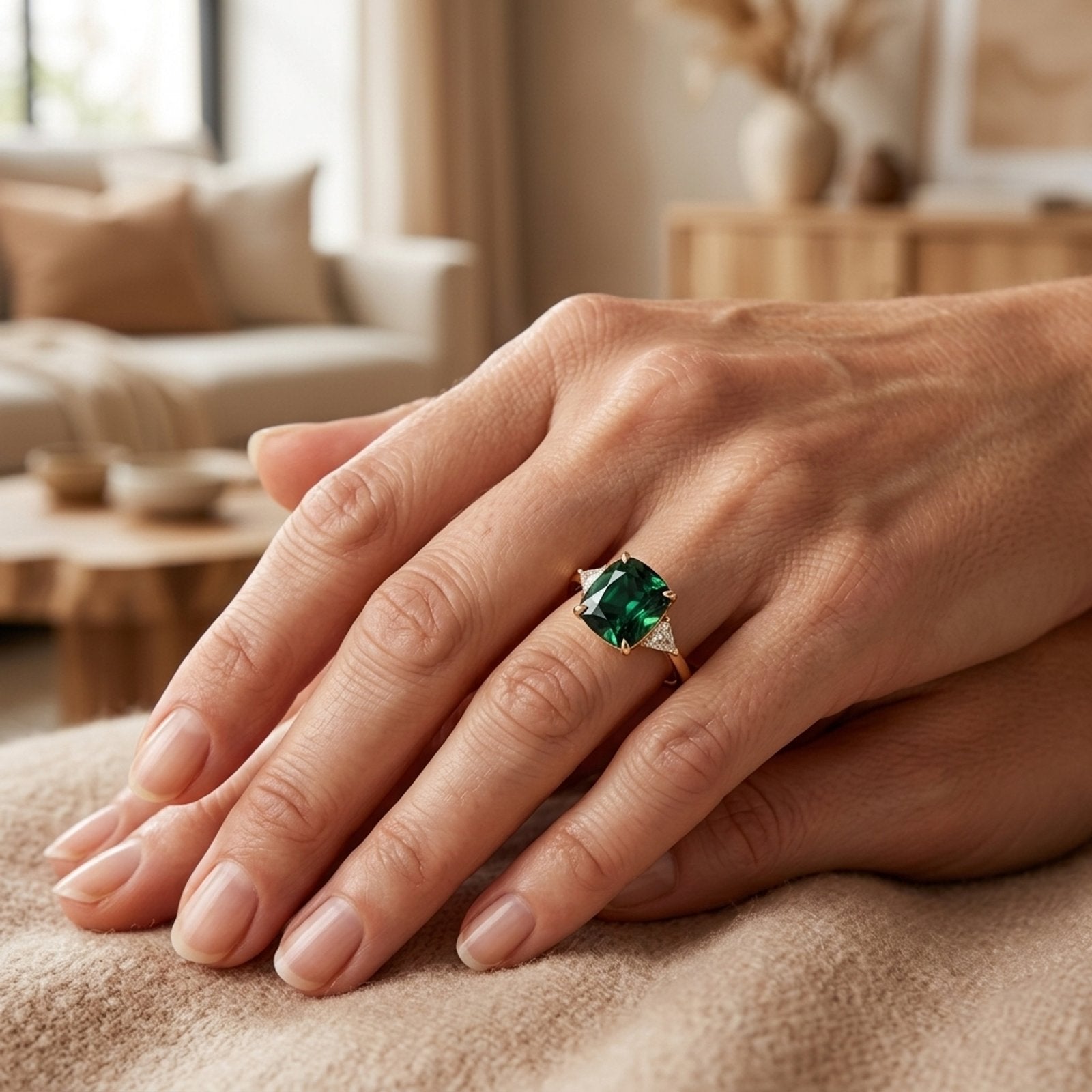 Gold Cushion Cut Emerald Solitaire
