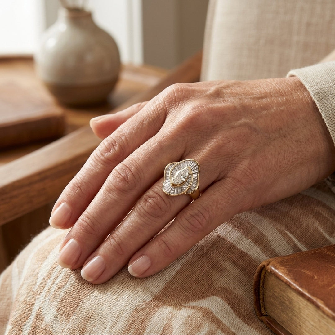 Marquise Diamond Baguette Halo Gold Ring