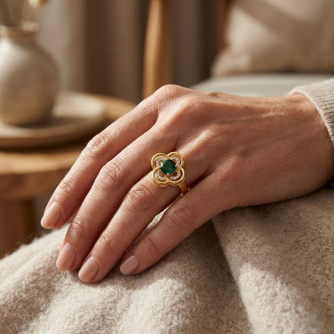 18K Gold Plated Emerald Flower Ring