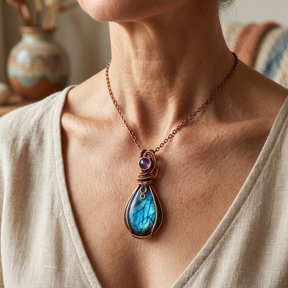 Wire-Wrapped Labradorite Teardrop Pendant Necklace