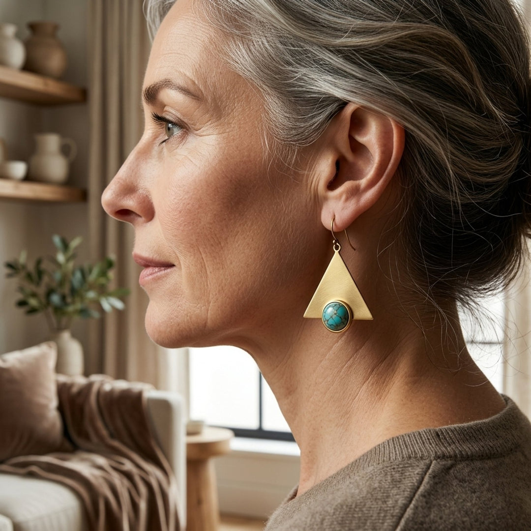 Triangular Brass Turquoise Stone Drop Earrings