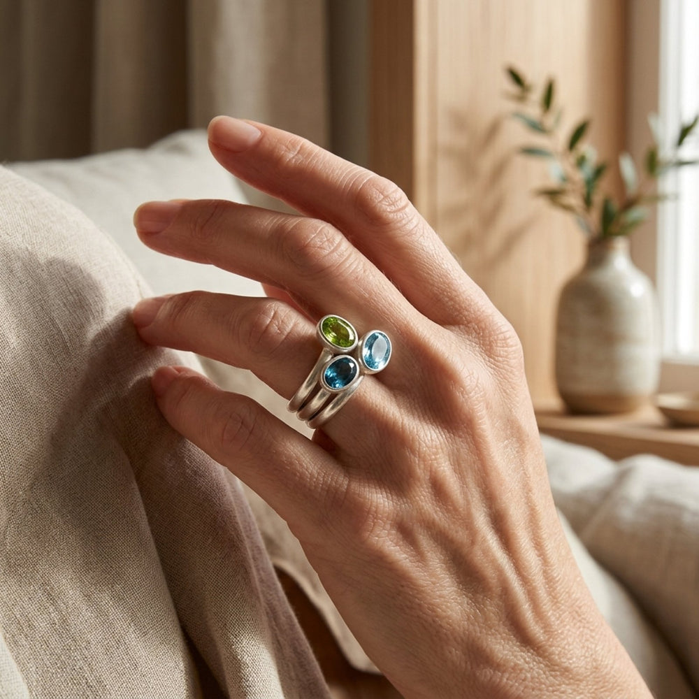 Triple Stone Bezel Set Silver Ring