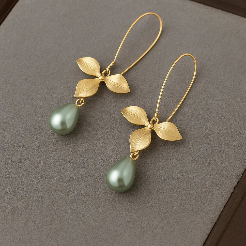 Brushed Gold Leaf Pearl Drop Earrings