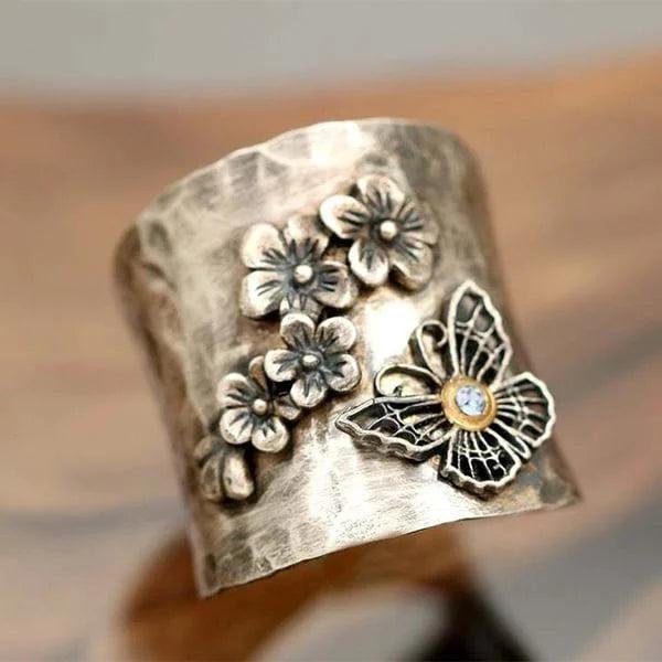 Hammered Silver Floral Butterfly Wide Band Ring