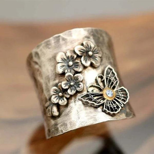 Hammered Silver Floral Butterfly Wide Band Ring