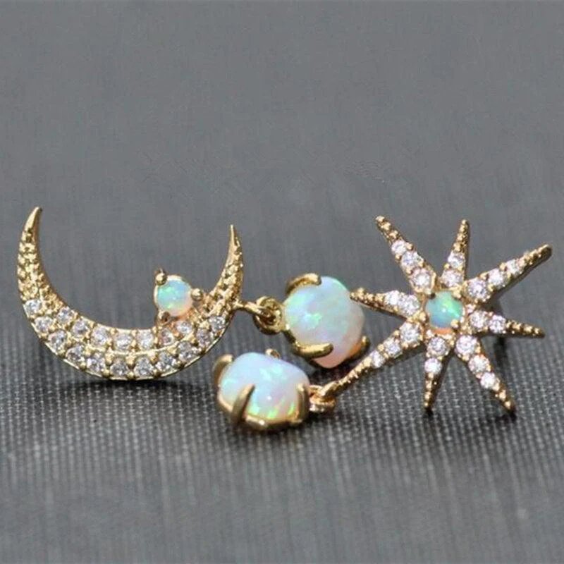Crescent Moon Star Opal Drop Earrings