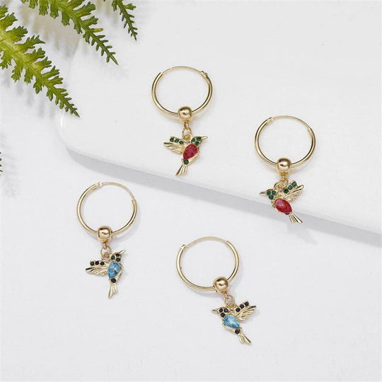 Gold-Plated Hummingbird Charm Hoop Earrings