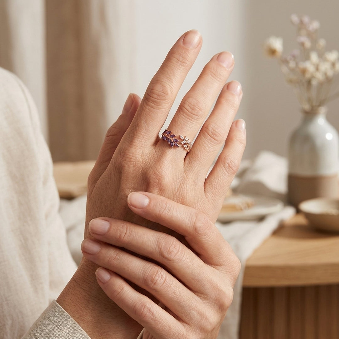 Open-Band Amethyst Leaf Ring