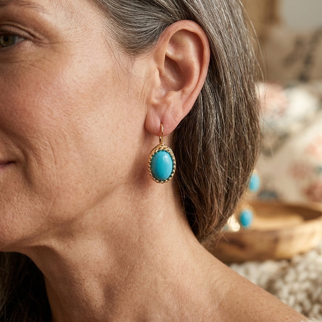 Oval Stone Drop Earrings with Rope Edge Setting