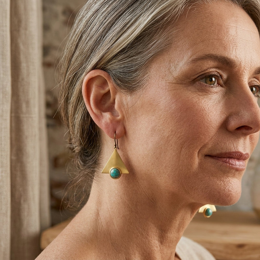 Triangular Gold-Plated Turquoise Stone Drop Earrings
