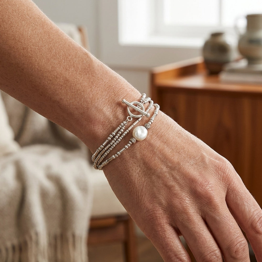 Multi-Strand Silver-Tone Pearl Beaded Bracelet Set