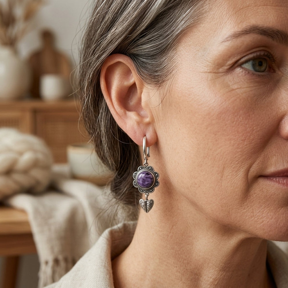 Sterling Silver Charoite Flower Dangle Earrings