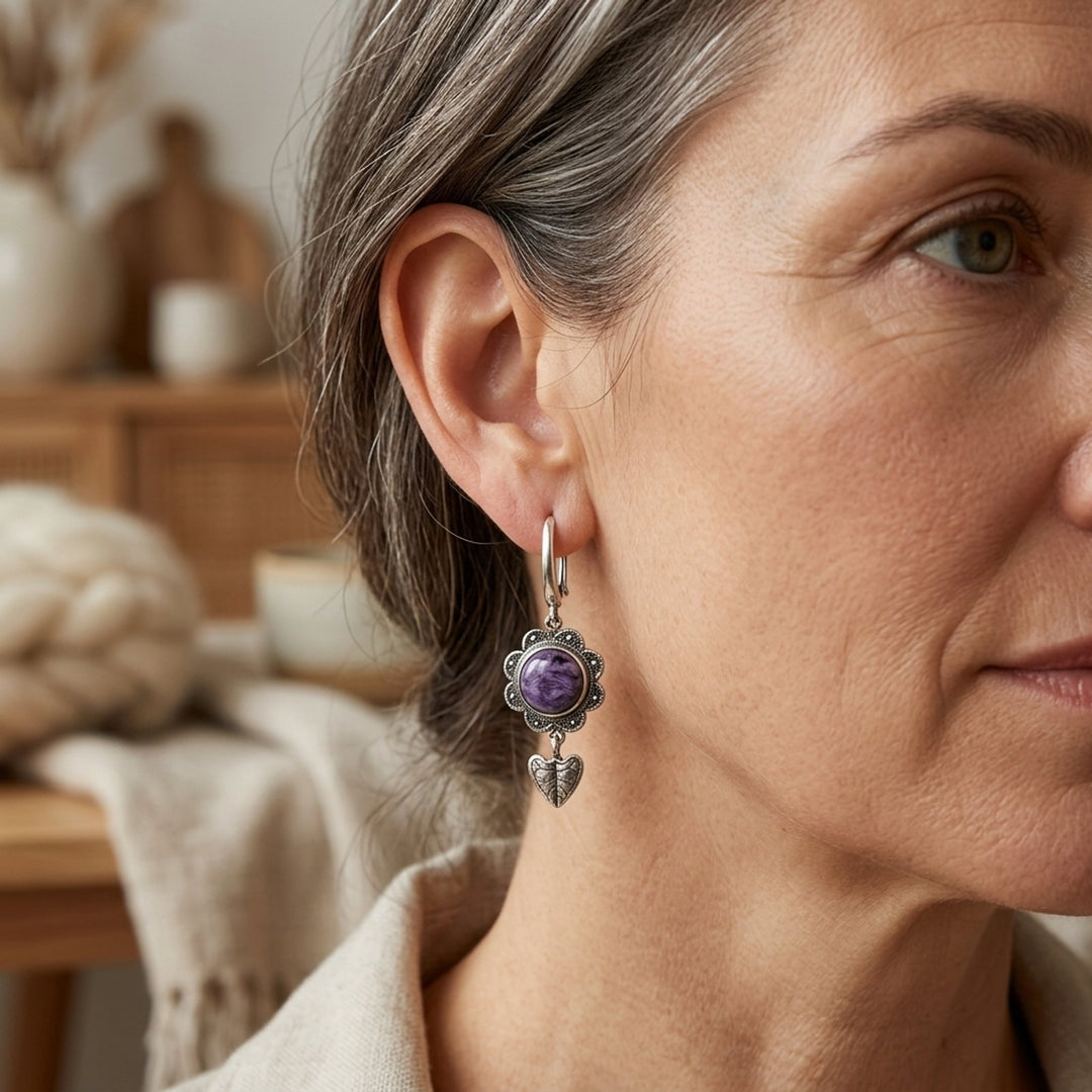 Sterling Silver Charoite Flower Dangle Earrings