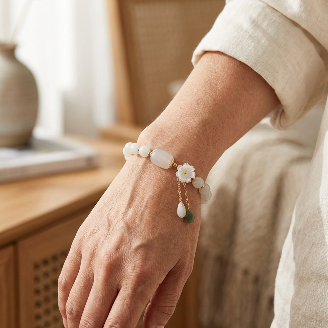 White Beaded Bracelet with Flower Charm