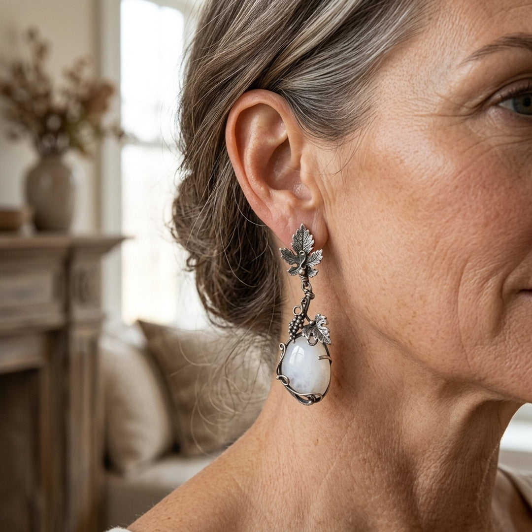 Vine Leaf Sterling Silver Moonstone Drop Earrings
