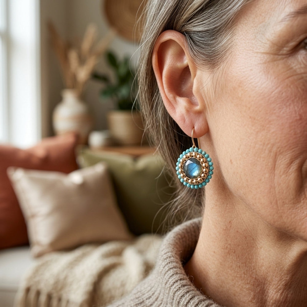 Vintage Gold Beaded Oval Stone Drop Earrings