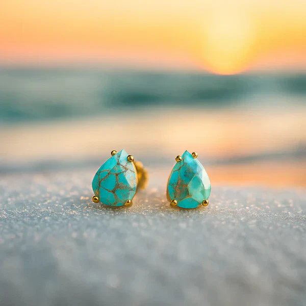 Turquoise Stone Ring and Teardrop Stud Earrings Set