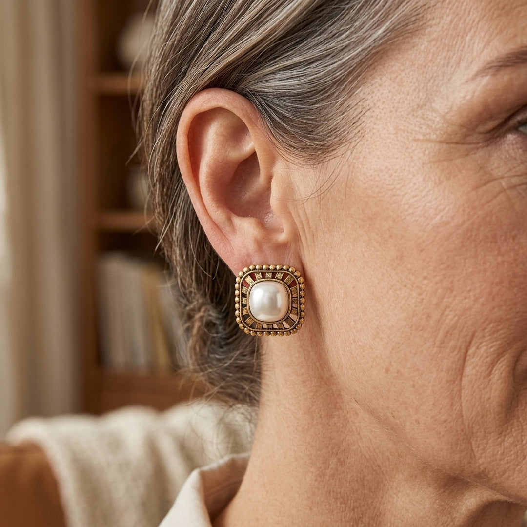 Gold-Plated Pearl Square Stud Earrings