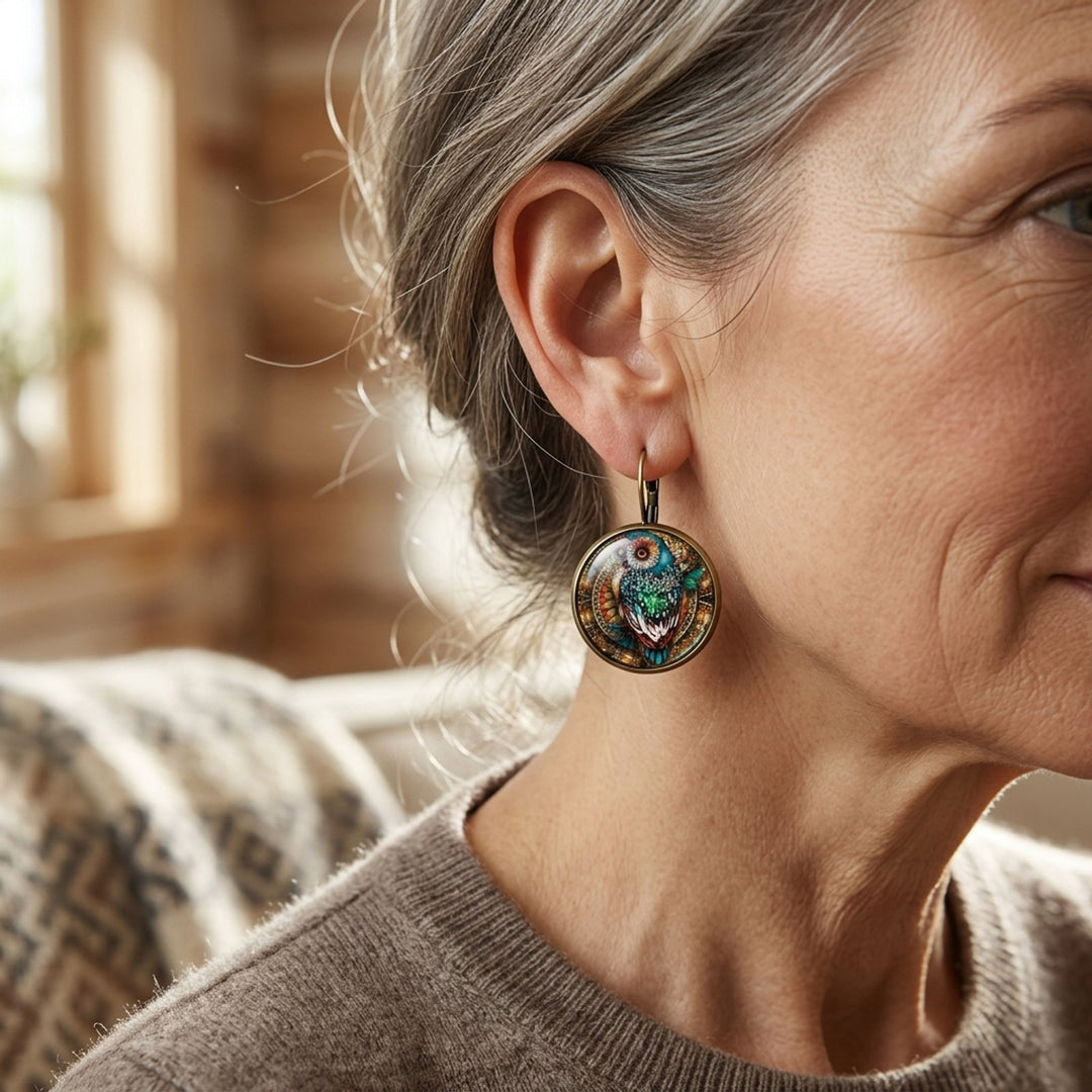 Glass Dome Owl Motif Lever-Back Earrings