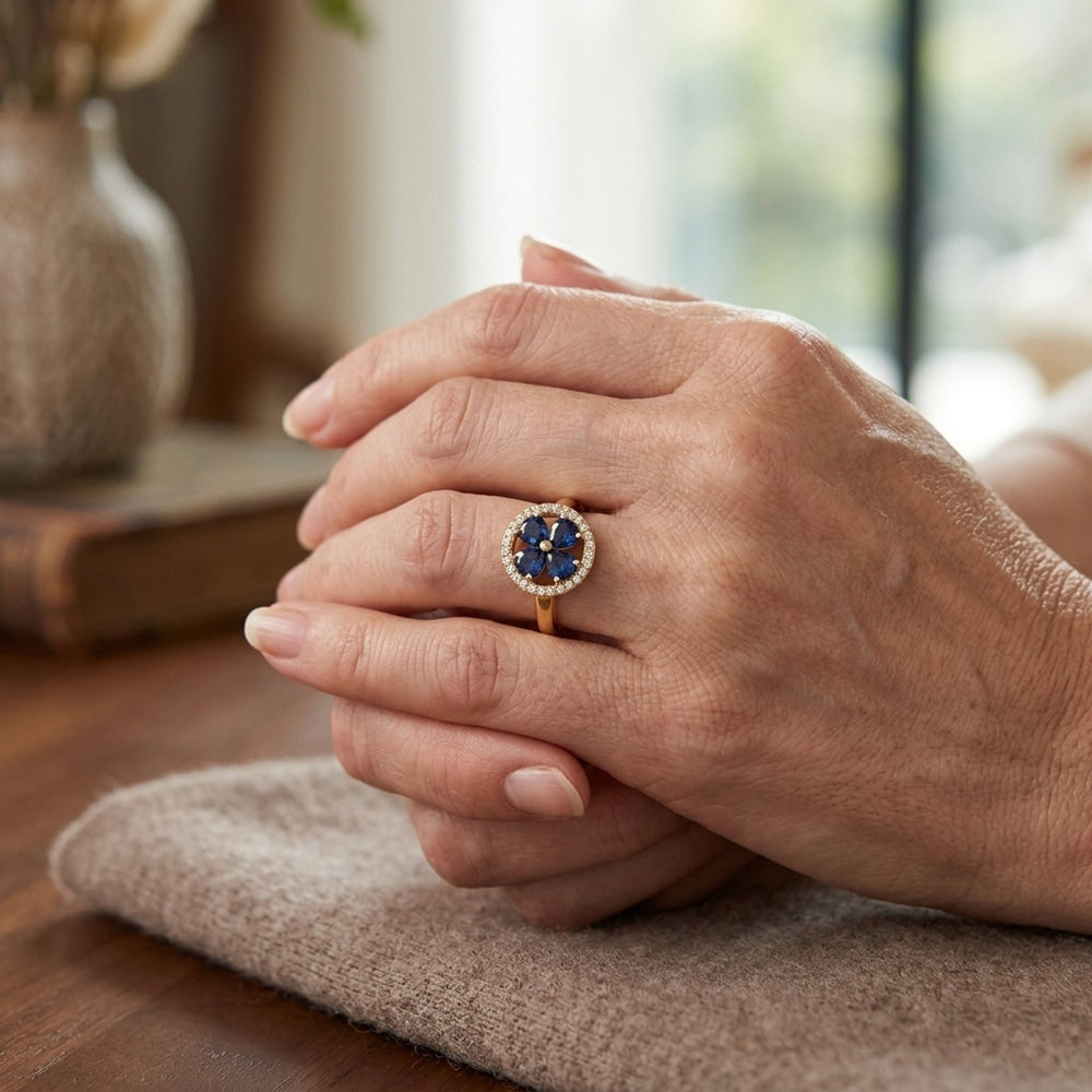 Pave Halo Sapphire Cluster Gold Ring