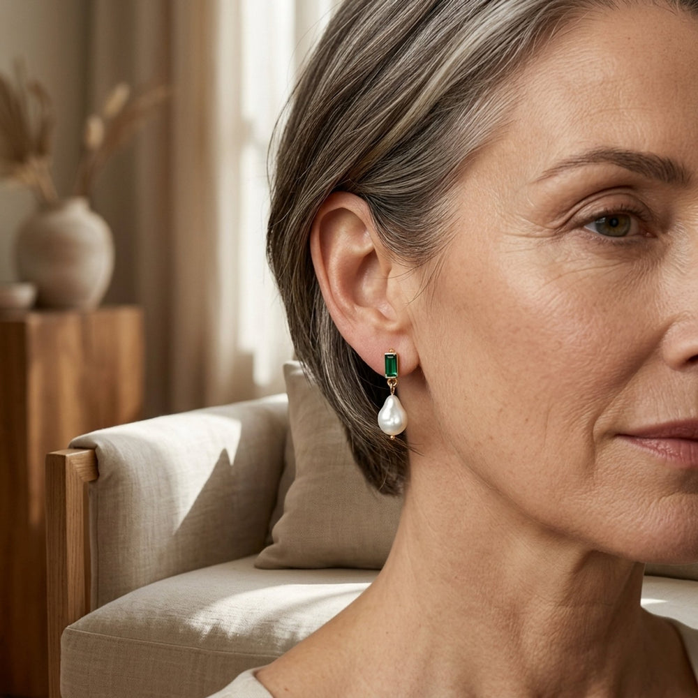 Gold-Plated Pearl Drop Earrings with Emerald Studs