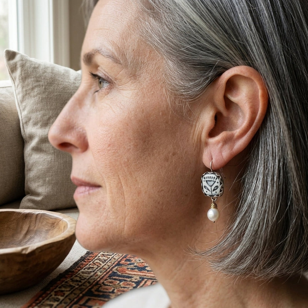 Hand-Painted Vintage Bead Pearl Drop Earrings