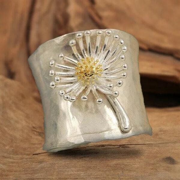 Hammered Silver Daisy Wide Band Ring