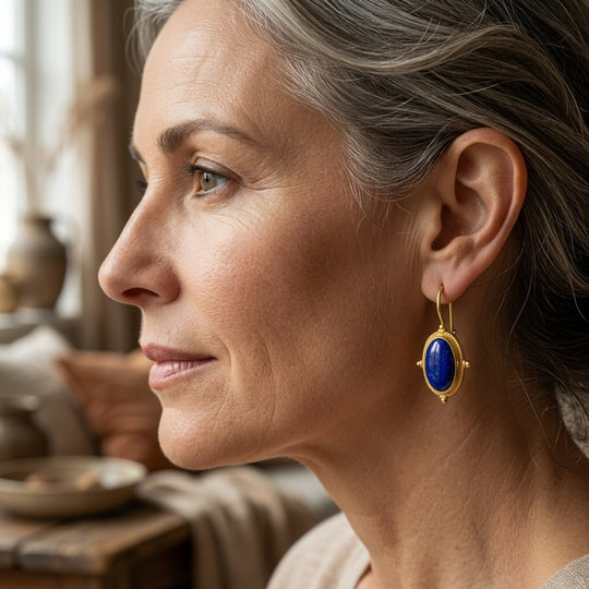 Gold Plated Oval Lapis Lazuli Drop Earrings