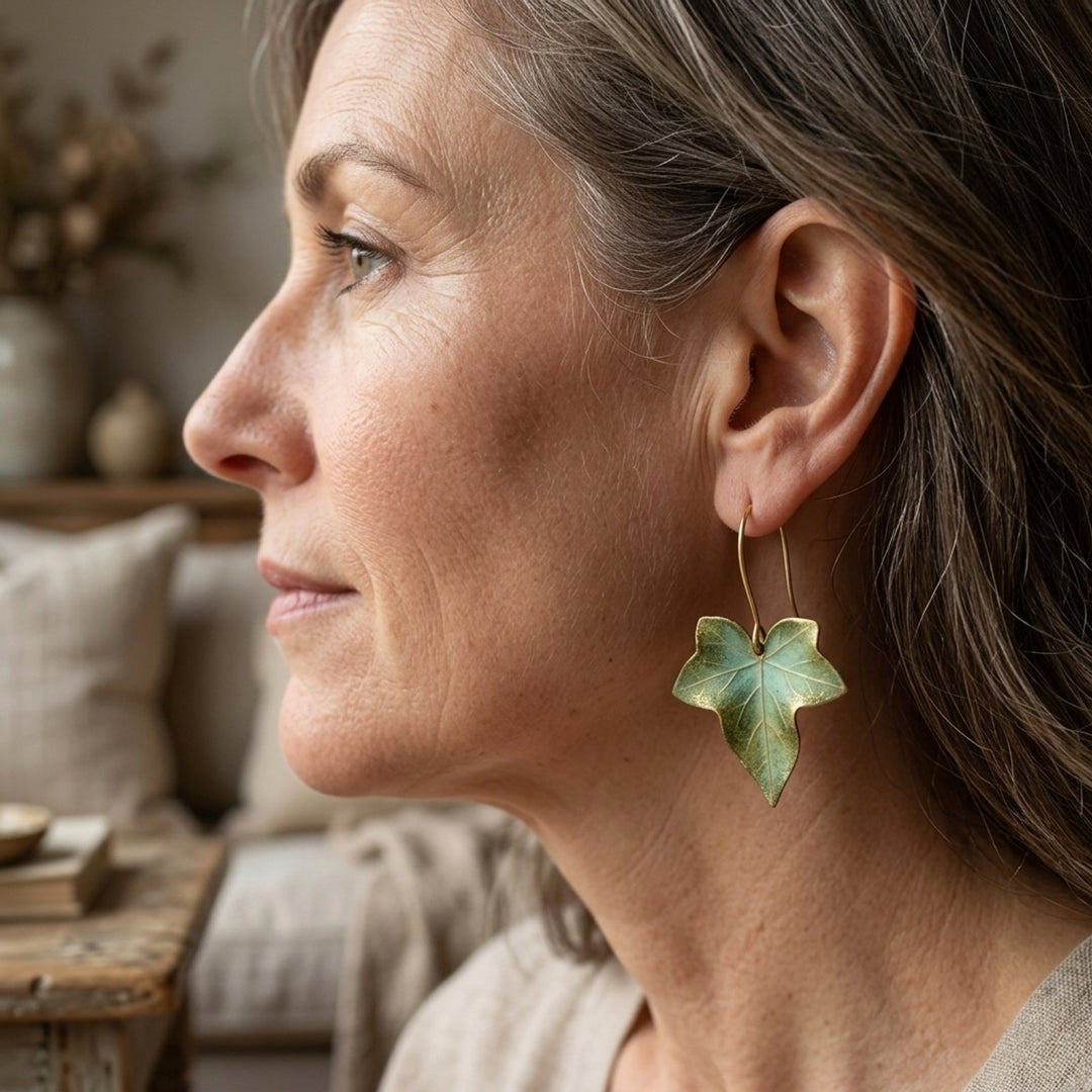 Leaf-Shaped Gold Wire Drop Earrings