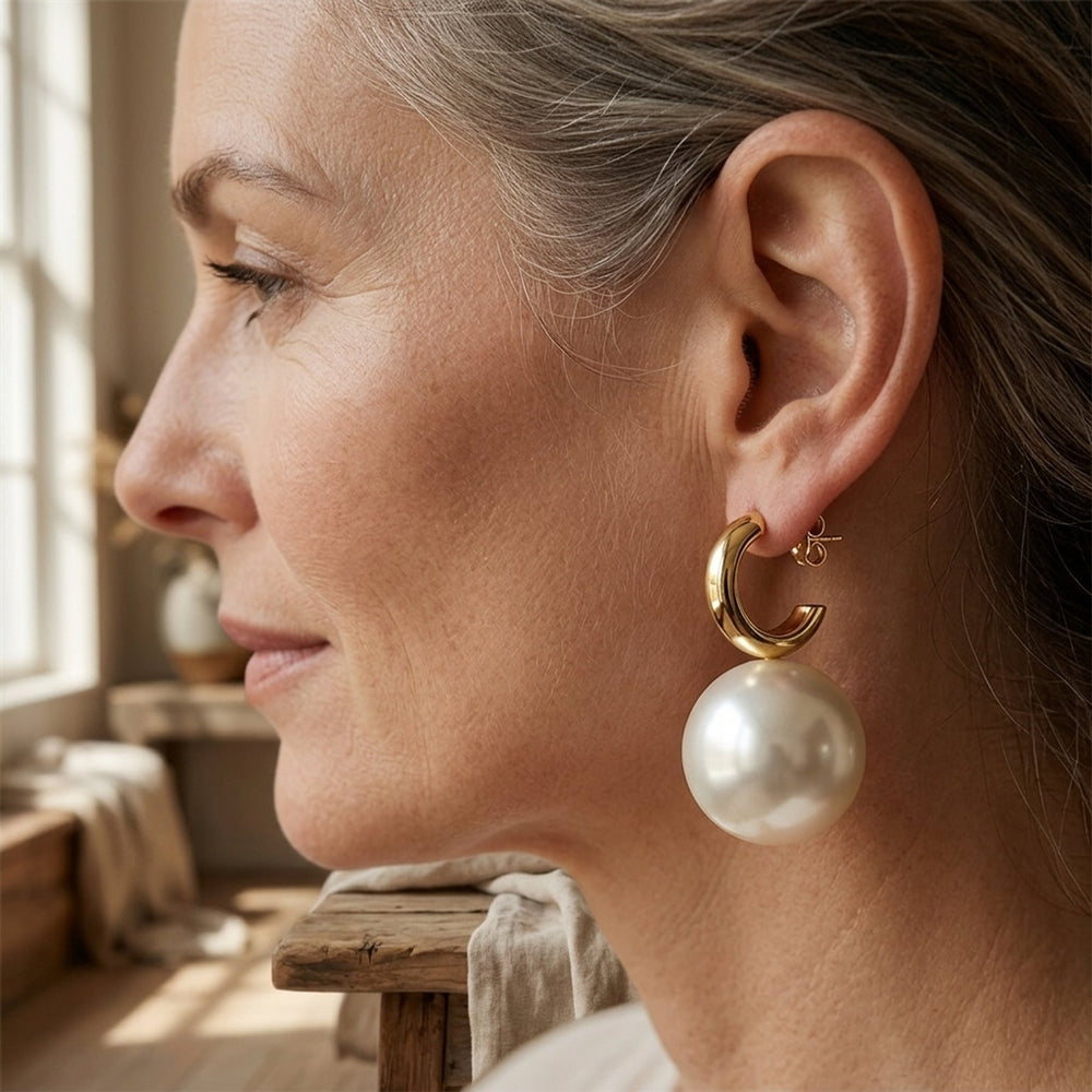 Large Gold-Tone Pearl Drop Earrings