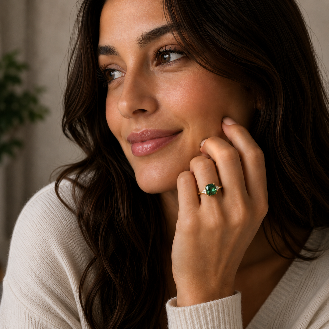 Gold Cushion Cut Emerald Solitaire