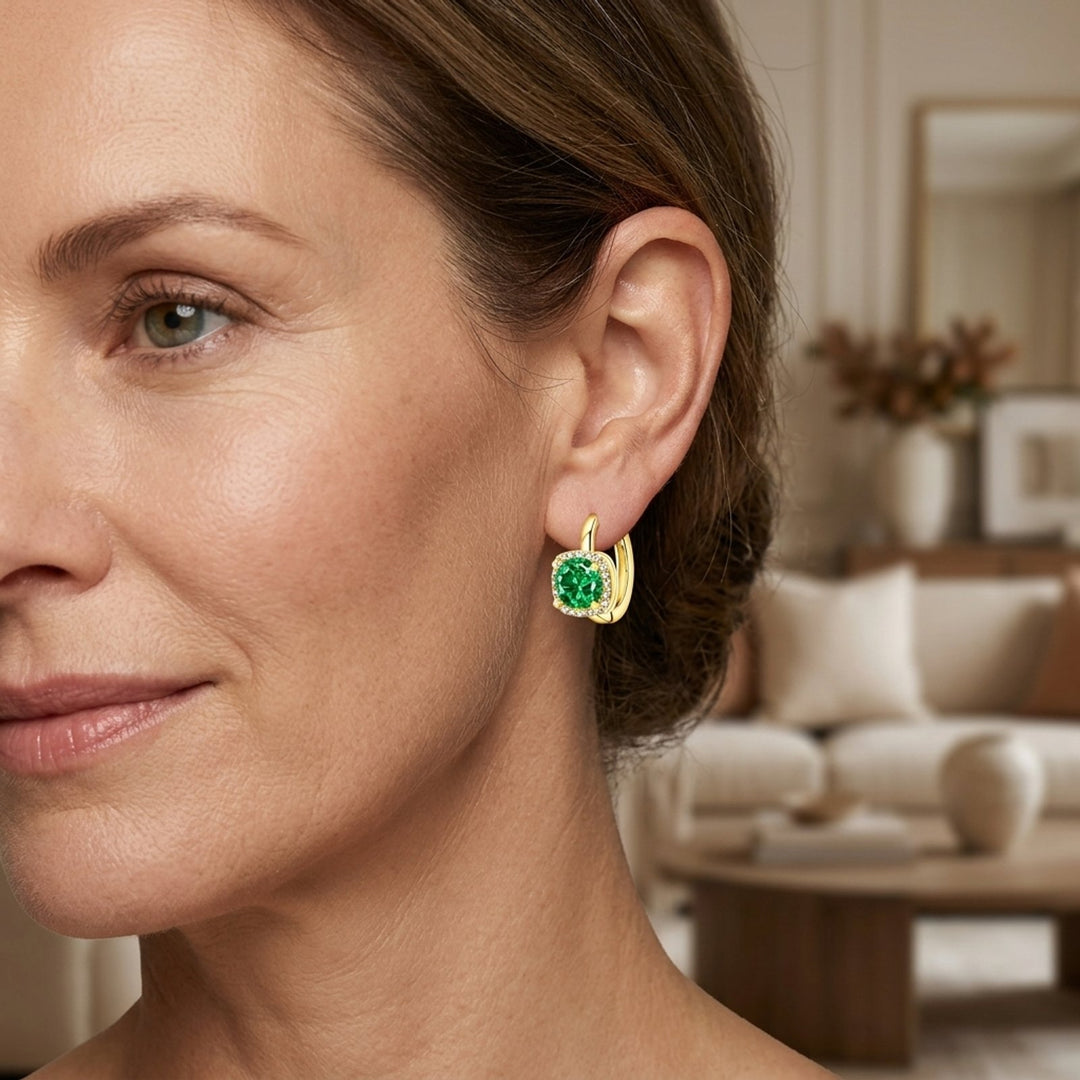 Gold-Plated Emerald Halo Huggie Earrings