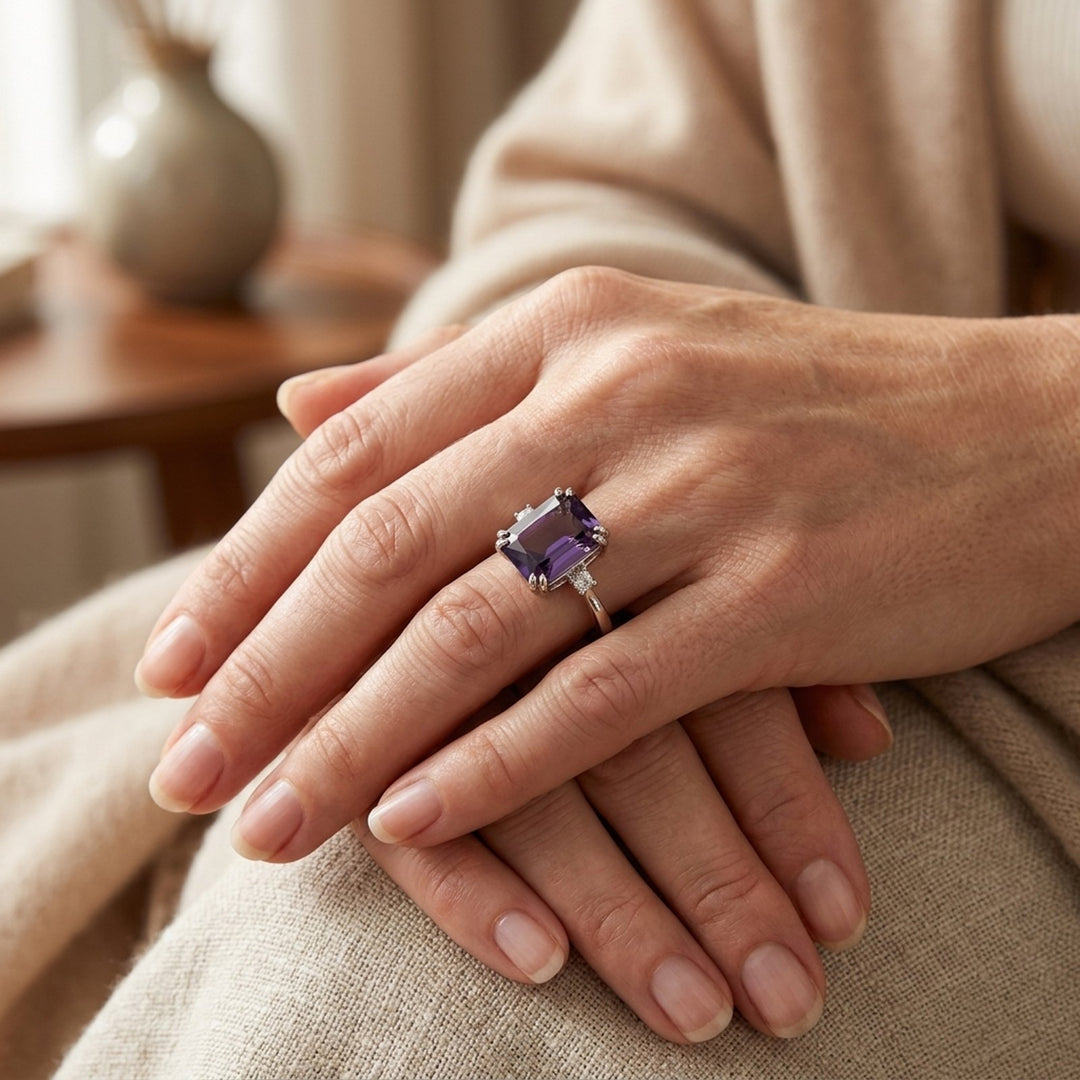Sterling Silver Emerald-Cut Amethyst Ring