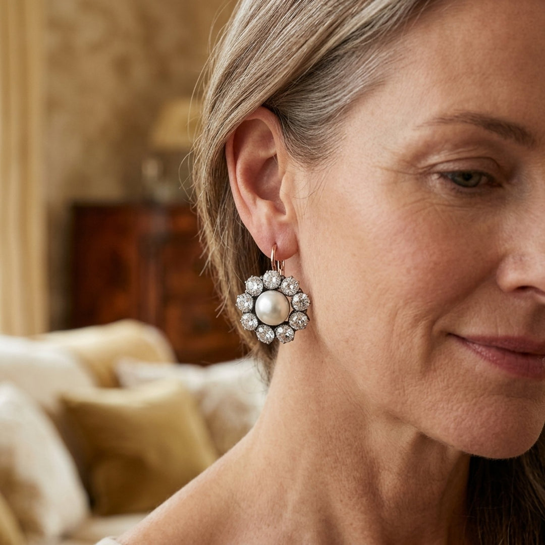 Pearl Center Halo Drop Earrings