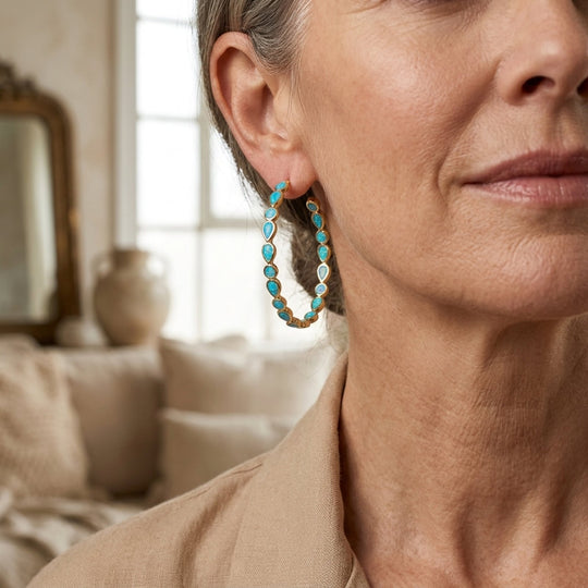 18K Gold Bezel Set Opal Hoop Earrings