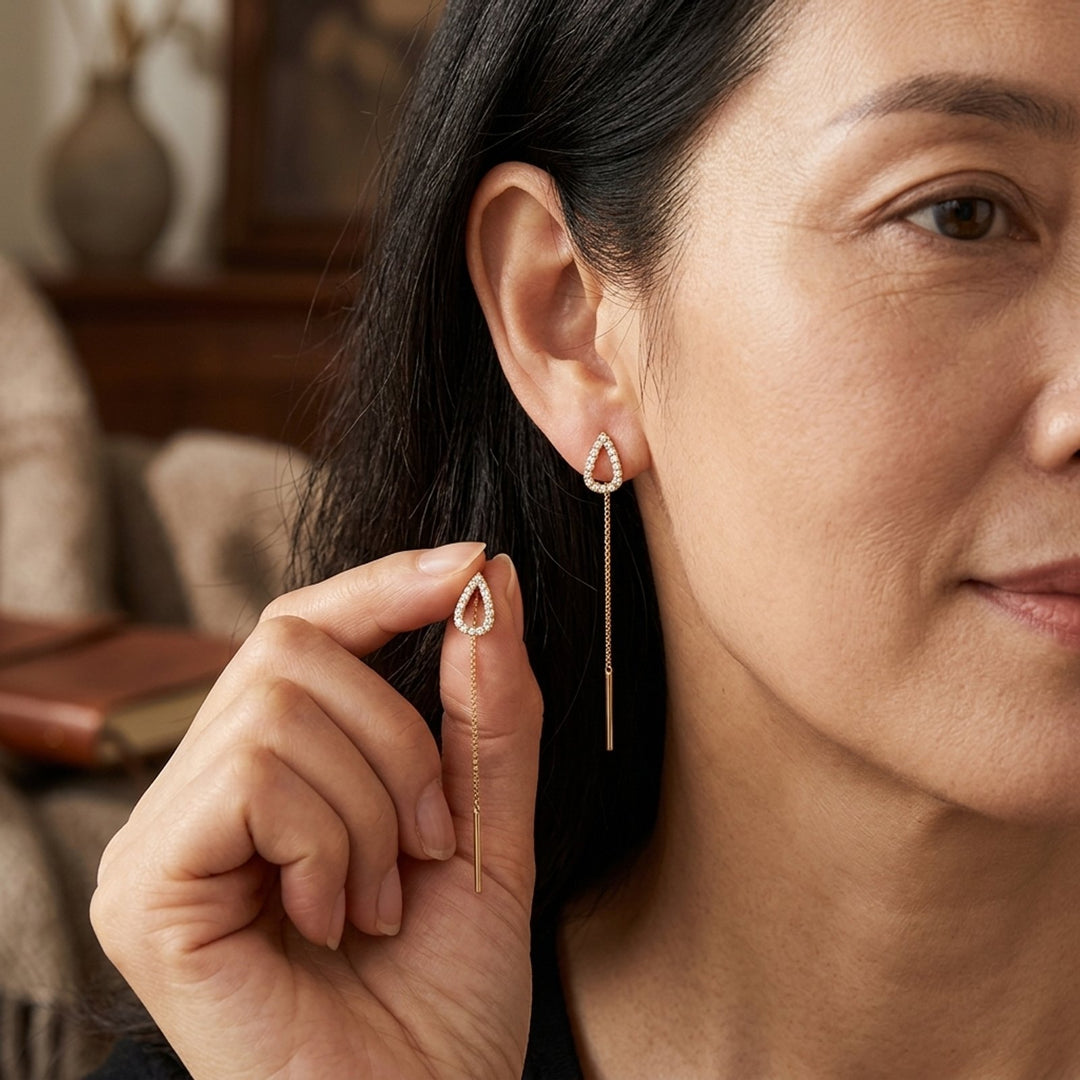 Hollow Teardrop Chain Threader Earrings