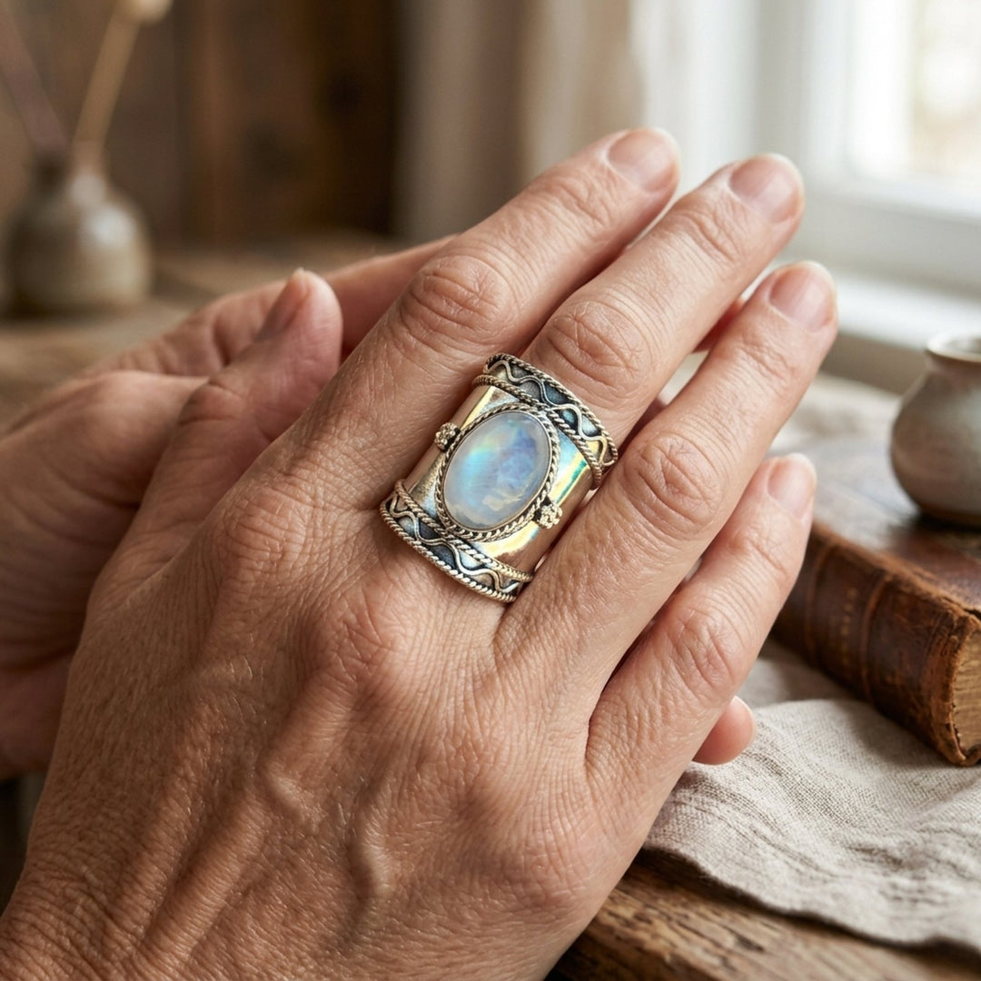 Rope-Detailed Sterling Silver Moonstone Ring