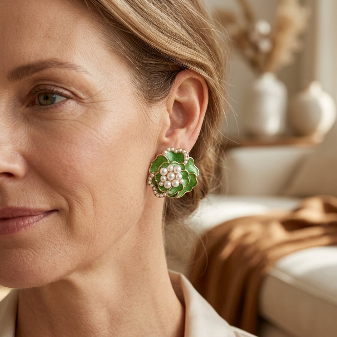 Pearl-Accented Flower-Shaped Stud Earrings