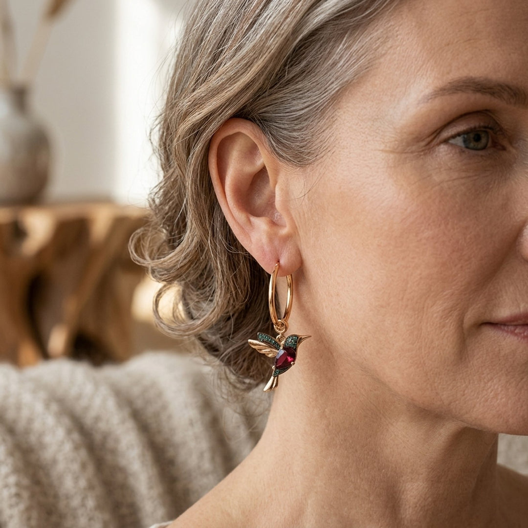 Gold-Plated Hummingbird Charm Hoop Earrings