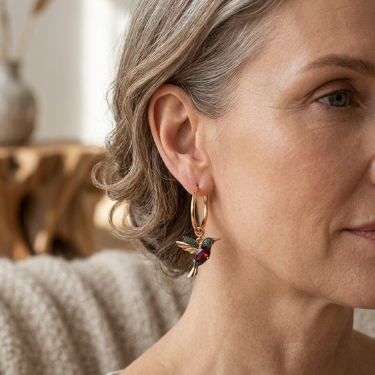 Gold-Plated Hummingbird Charm Hoop Earrings