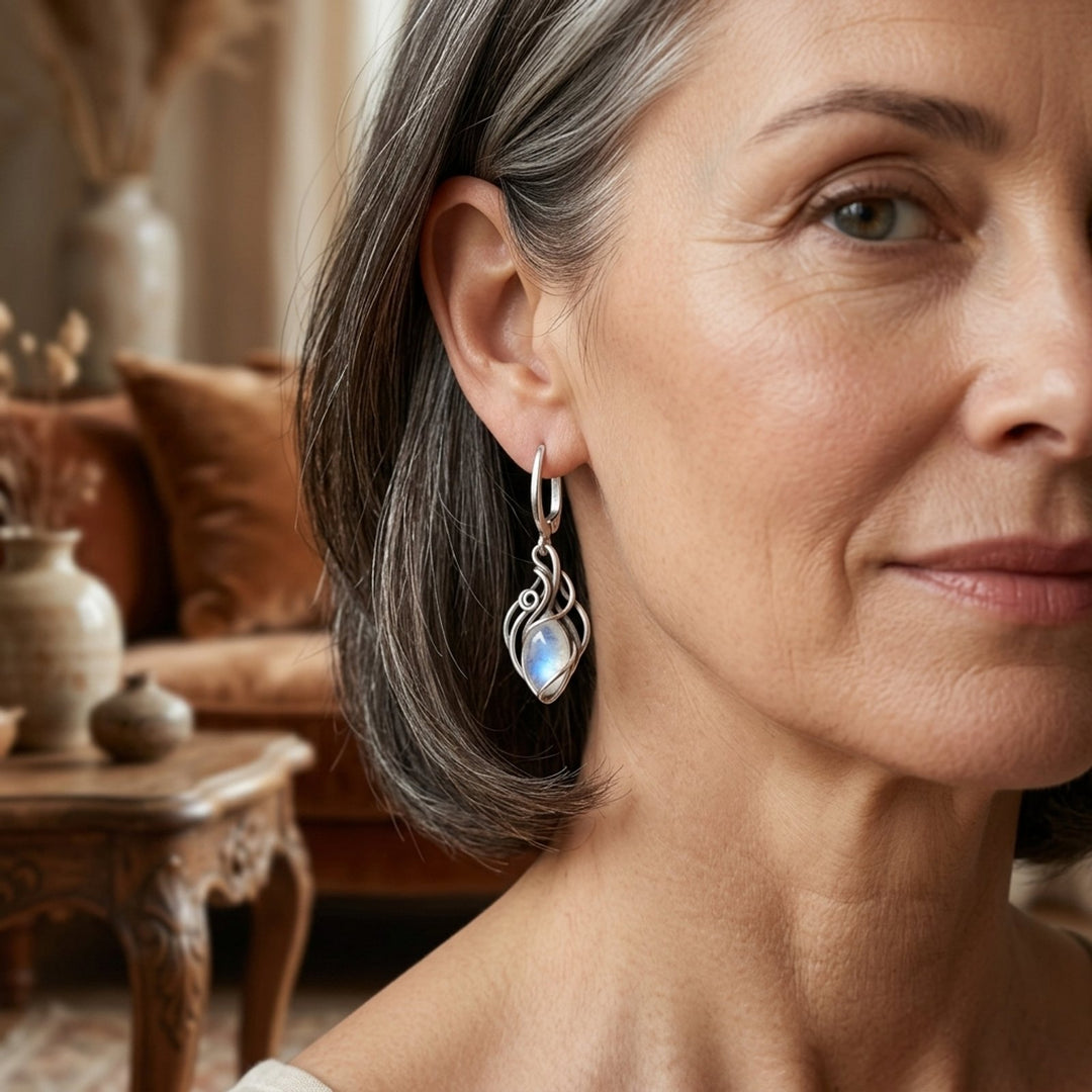 Moonstone Lever-Back Wire-Wrapped Earrings