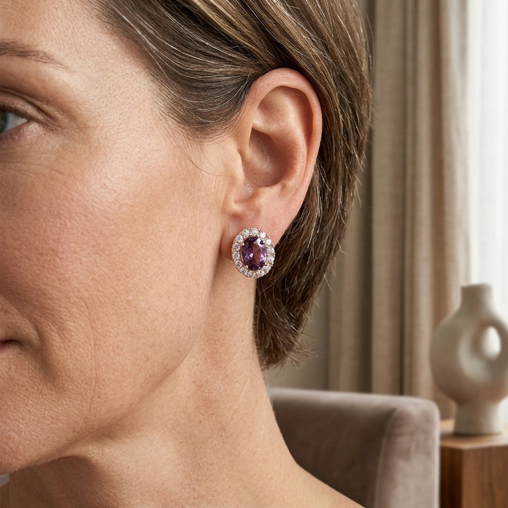 Gold Oval Amethyst Halo Stud Earrings