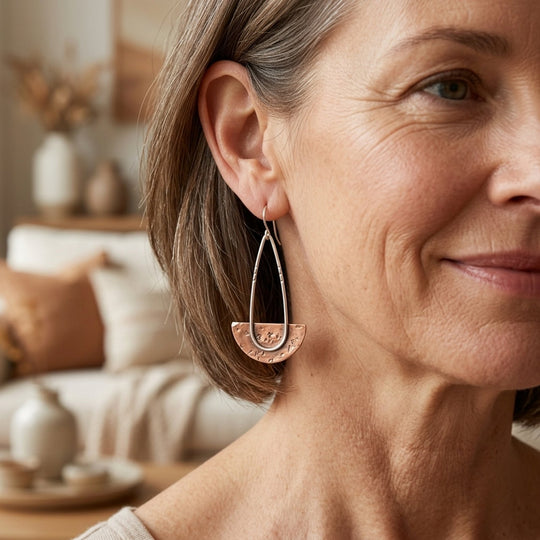 Hammered Copper Sterling Silver Drop Earrings