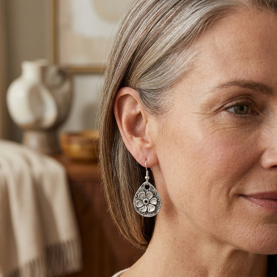 Sterling Silver Teardrop Floral Embossed Earrings